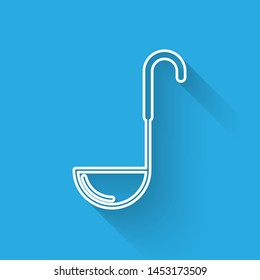 White line Kitchen ladle icon isolated with long shadow. Cooking utensil. Cutlery spoon sign.  Vector Illustration