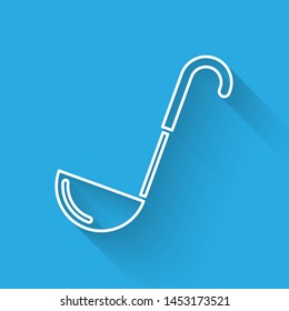 White line Kitchen ladle icon isolated with long shadow. Cooking utensil. Cutlery spoon sign.  Vector Illustration