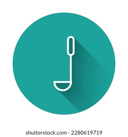 White line Kitchen ladle icon isolated with long shadow. Cooking utensil. Cutlery spoon sign. Green circle button. Vector Illustration