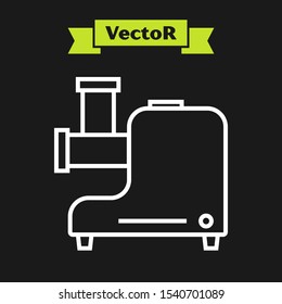 White line Kitchen meat grinder icon isolated on black background.  Vector Illustration