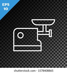 White line Kitchen meat grinder icon isolated on transparent dark background.  Vector Illustration