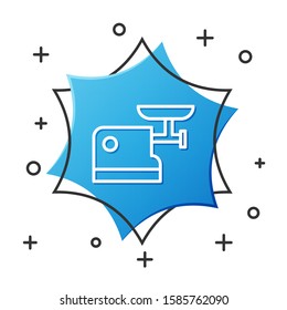 White line Kitchen meat grinder icon isolated on white background. Blue hexagon button. Vector Illustration