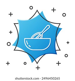 White line Kitchen whisk and bowl icon isolated on white background. Cooking utensil, egg beater. Cutlery sign. Food mix symbol. Blue hexagon button. Vector