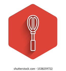 White line Kitchen whisk icon isolated with long shadow. Cooking utensil, egg beater. Cutlery sign. Food mix symbol. Red hexagon button. Vector Illustration