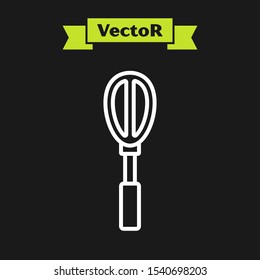 White line Kitchen whisk icon isolated on black background. Cooking utensil, egg beater. Cutlery sign. Food mix symbol.  Vector Illustration
