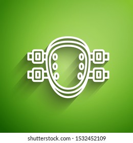 White line Knee pads icon isolated on green background. Extreme sport. Sport equipment. Skateboarding, bicycle, roller skating protective gear.  Vector Illustration