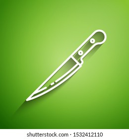 White line Knife icon isolated on green background. Cutlery symbol.  Vector Illustration