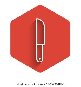 White line Knife icon isolated with long shadow. Cutlery symbol. Red hexagon button. Vector Illustration