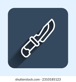 White line Knife icon isolated with long shadow background. Cutlery symbol. Blue square button. Vector
