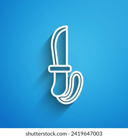 White line Knife icon isolated on blue background. Army knife. Long shadow. Vector