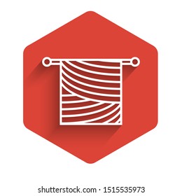 White line Knitting icon isolated with long shadow. Wool emblem with knitted fabric and needle. Label for hand made, knitting or tailor shop. Red hexagon button. Vector Illustration