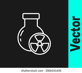 White line Laboratory chemical beaker with toxic liquid icon isolated on black background. Biohazard symbol. Dangerous symbol with radiation icon.  Vector