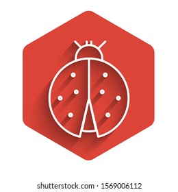 White line Ladybug icon isolated with long shadow. Red hexagon button. Vector Illustration