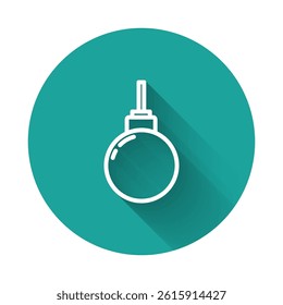 White line Lamp hanging icon isolated with long shadow background. Ceiling lamp light bulb. Green circle button. Vector