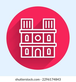White line Landmark of France Notre Dame de Paris icon isolated with long shadow background. Red circle button. Vector