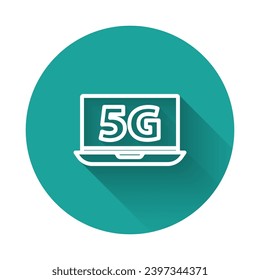 White line Laptop with 5G new wireless internet wifi icon isolated with long shadow. Global network high speed connection data rate technology. Green circle button. Vector