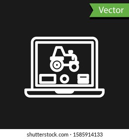 White line Laptop application for control a autonomous tractor on a smart farm icon isolated on black background. Smart agriculture implement.  Vector Illustration