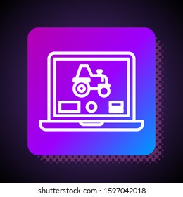 White line Laptop application for control a autonomous tractor on a smart farm icon isolated on black background. Smart agriculture implement. Square color button. Vector Illustration