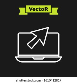White line Laptop and cursor icon isolated on black background. Computer notebook with empty screen sign.  Vector Illustration