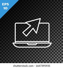 White line Laptop and cursor icon isolated on transparent dark background. Computer notebook with empty screen sign.  Vector Illustration