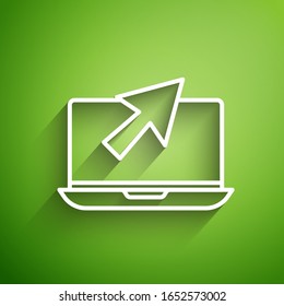 White line Laptop and cursor icon isolated on green background. Computer notebook with empty screen sign.  Vector Illustration