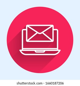 White line Laptop with envelope and open email on screen icon isolated with long shadow. Email marketing, internet advertising concepts. Red circle button. Vector Illustration