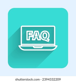 White line Laptop and FAQ icon isolated with long shadow. Adjusting, service, setting, maintenance, repair, fixing. Green square button. Vector Illustration