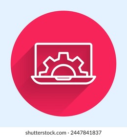 White line Laptop and gear icon isolated with long shadow. Adjusting app, setting options, maintenance, repair, fixing. Red circle button. Vector Illustration