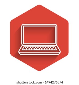 White line Laptop icon isolated with long shadow. Computer notebook with empty screen sign. Red hexagon button. Vector Illustration White line Laptop icon isolated with long shadow. Computer notebook with empty screen sign. Red hexagon button. Vector Illustration