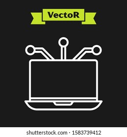 White line Laptop icon isolated on black background. Technology and devices concept..  Vector Illustration