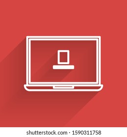 White line Laptop icon isolated with long shadow. Computer notebook with empty screen sign.  Vector Illustration