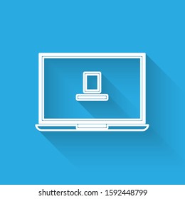 White line Laptop icon isolated with long shadow. Computer notebook with empty screen sign.  Vector Illustration