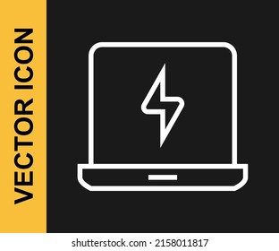 Icono de portátil de línea blanca aislado en fondo negro. Ordenador portátil con signo de pantalla vacío.  Vector