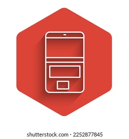 White line Laptop icon isolated with long shadow. Computer notebook with empty screen sign. Red hexagon button. Vector Illustration