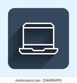 White line Laptop icon isolated with long shadow background. Computer notebook with empty screen sign. Blue square button. Vector