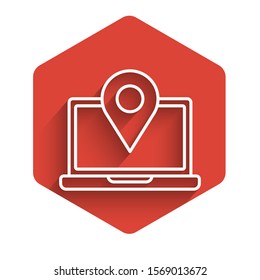 White line Laptop with location marker icon isolated with long shadow. Red hexagon button. Vector Illustration