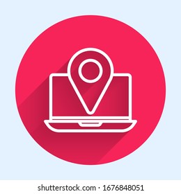 White line Laptop with location marker icon isolated with long shadow. Red circle button. Vector Illustration