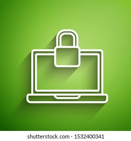 White line Laptop and lock icon isolated on green background. Computer and padlock. Security, safety, protection concept. Safe internetwork.  Vector Illustration