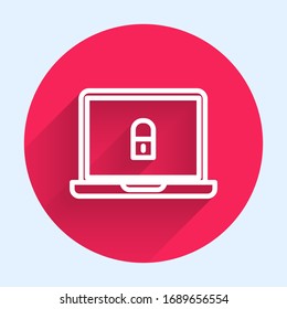 Portátil de línea blanca e icono de bloqueo aislado con una gran sombra. Ordenador y candado. Concepto de seguridad, seguridad y protección. Internet seguro. Botón de círculo rojo. Ilustración vectorial