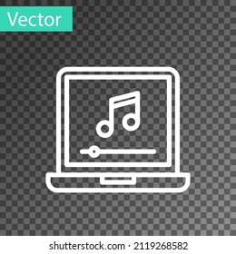 White line Laptop with music note symbol on screen icon isolated on transparent background.  Vector