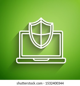 White line Laptop protected with shield icon isolated on green background. PC firewall security privacy safety technology.  Vector Illustration