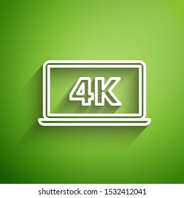 White line Laptop screen with 4k video technology icon isolated on green background.  Vector Illustration