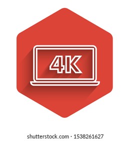 White line Laptop screen with 4k video technology icon isolated with long shadow. Red hexagon button. Vector Illustration