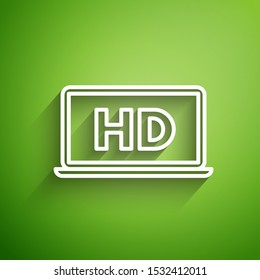 White line Laptop screen with HD video technology icon isolated on green background.  Vector Illustration