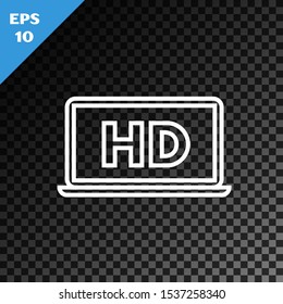 White line Laptop screen with HD video technology icon isolated on transparent dark background.  Vector Illustration