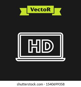 White line Laptop screen with HD video technology icon isolated on black background.  Vector Illustration