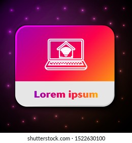 White line Laptop with smart home with wi-fi icon isolated on black background. Remote control. Rectangle color button. Vector Illustration