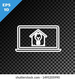 White line Laptop with smart house and light bulb icon isolated on transparent dark background.  Vector Illustration
