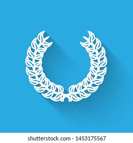 White line Laurel wreath icon isolated with long shadow. Triumph symbol.  Vector Illustration