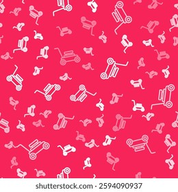 White line Lawn mower icon isolated seamless pattern on red background. Lawn mower cutting grass.  Vector